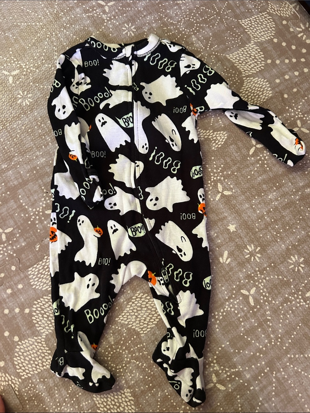 Old Navy Halloween Black Ghost Print Footed Pajamas with Orange Accents